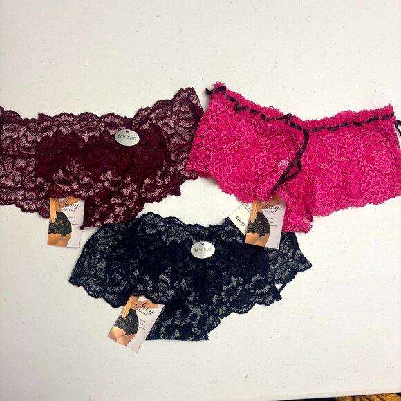 Women’s Lace Low Rise Boyshort Panty Set – 3 Pack (Wine, Hot Pink, Black) – NWT - Picture 1 of 8